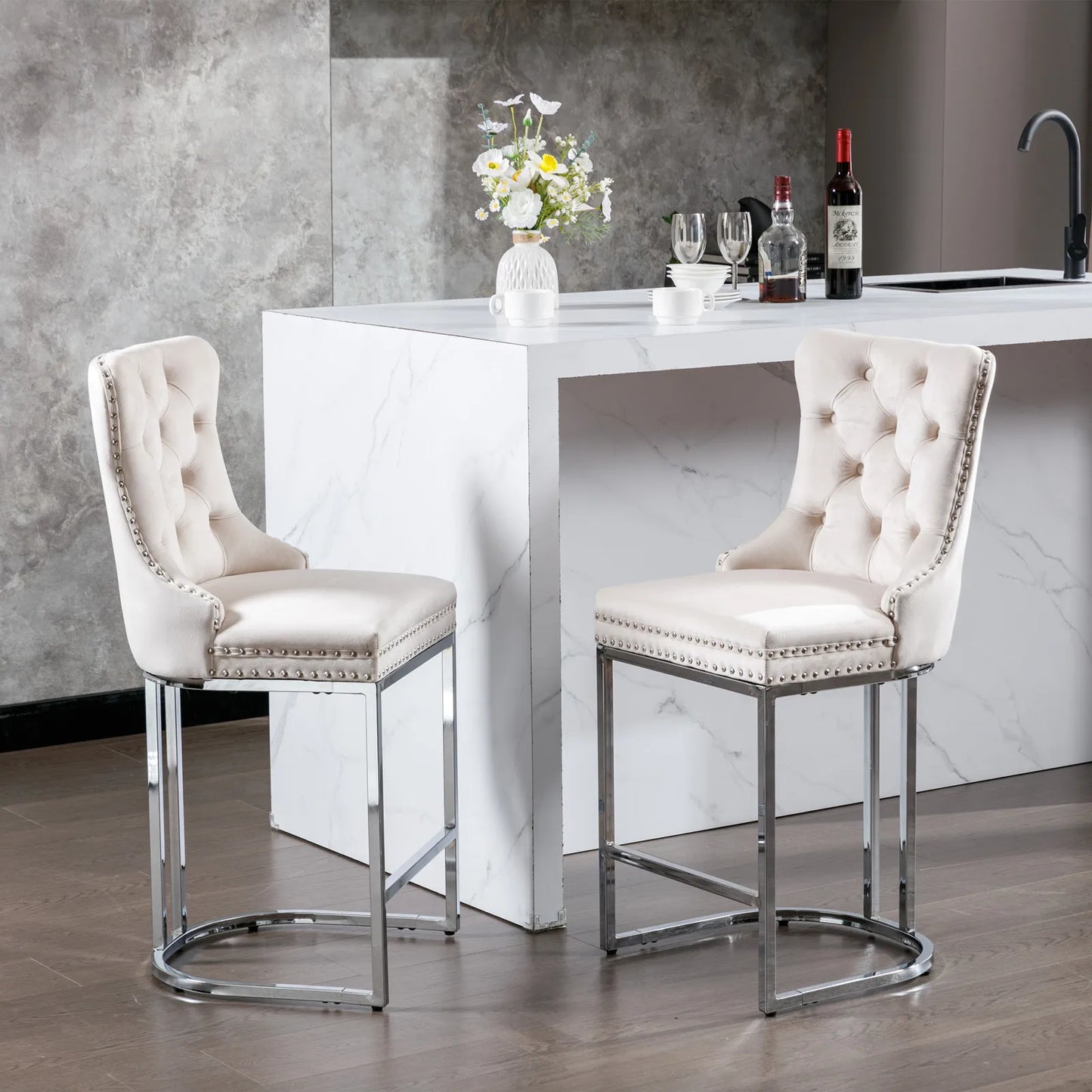 2Pcs 26" Counter Height Dining Chairs Upholstered Soft Backrest Cushions Chairs Bar Stools For Living Room Kitchen Dining Room