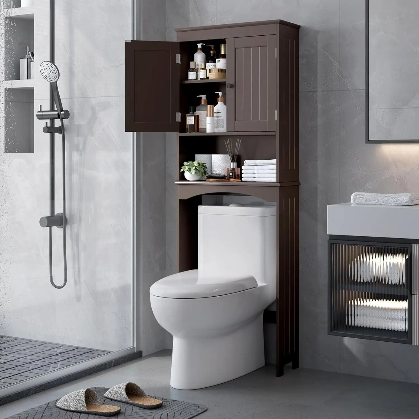 Over The Toilet Storage Cabinet with Open Shelf and Double Doors