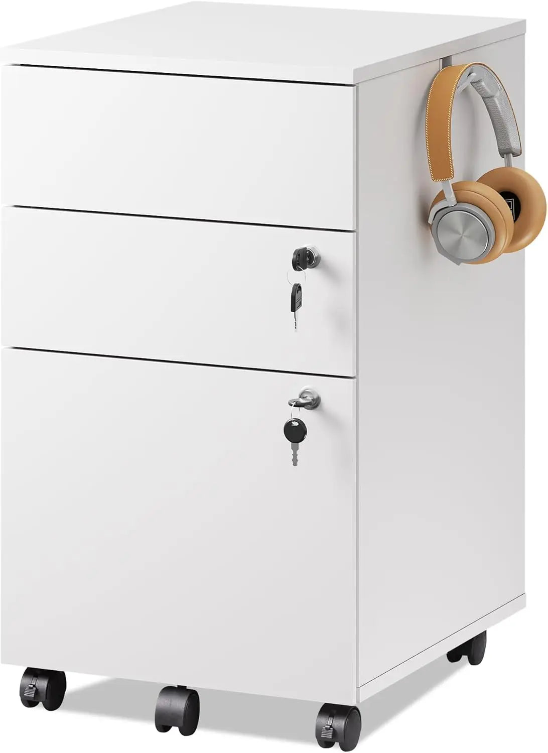 3 Drawer Rolling File Cabinet with Lock, Wood Under Desk Filing Cabinet fits Letter/Legal/A4 Size for Home Office, White