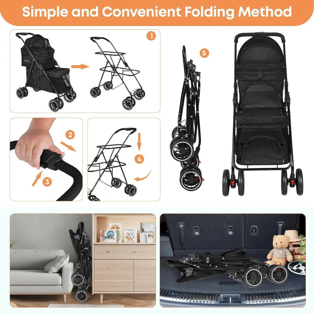 Pet Stroller for Dogs and Cats, Cat Strollers for 2 Cats, Double Dog Stroller for 2 Small Medium Dogs, 4 Lockable Wheels/Lightwe
