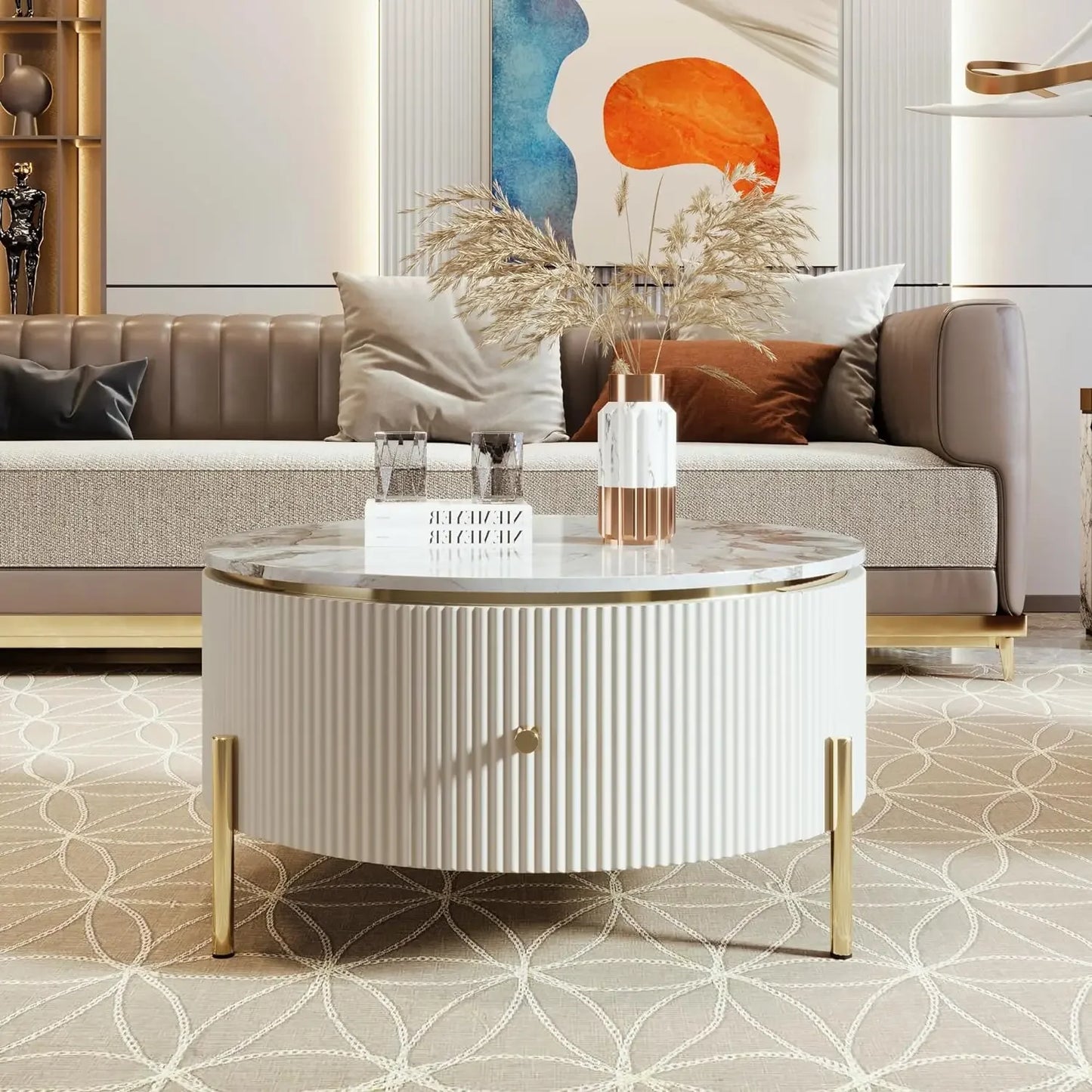 Modern Round Nesting Coffee Table with Drawers for Living Room
