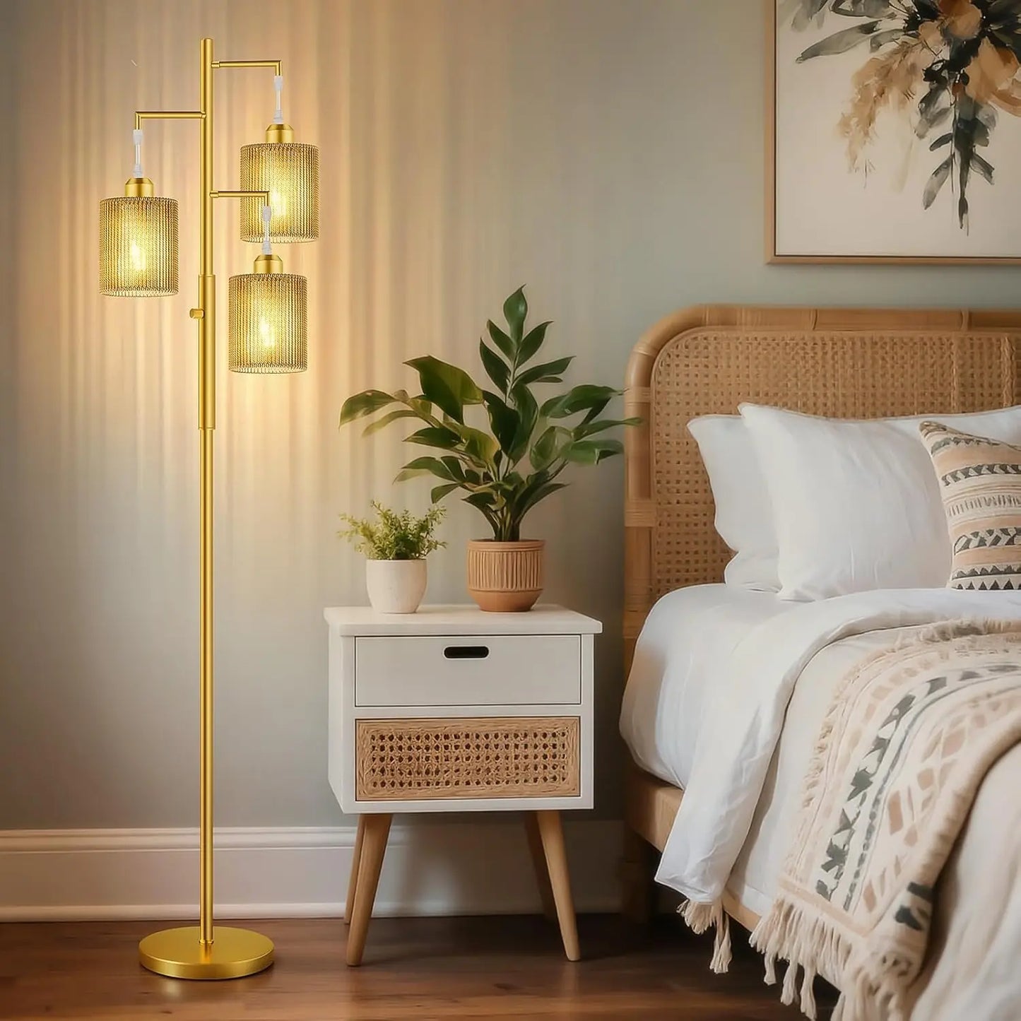 72' Boho Floor Lamp, Dimmable Rattan Shade, Gold Industrial Standing Lamp for Living Room, Bedroom, Office – 3x800LM LED Include