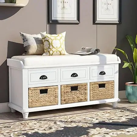 Rustic Storage Bench with 3 Drawers and 3 Rattan Baskets Rectangular Storage Ottoman Cabinet Foot Rest Stool Upholstered Solid