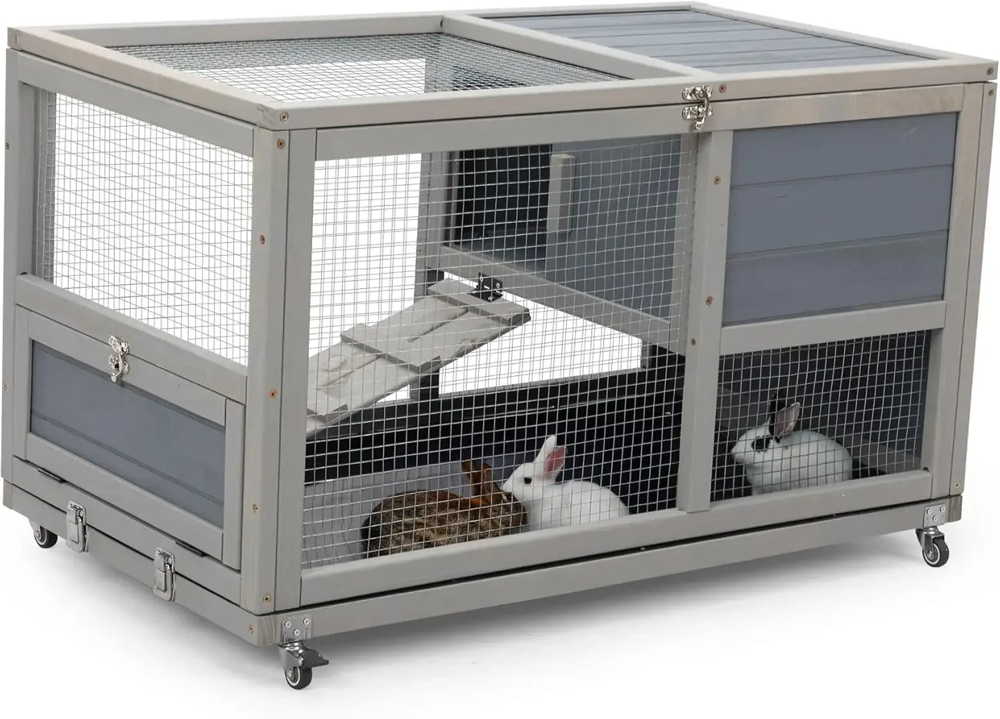 Fashionable Wood 36In Rabbit Hutch Indoor on Wheels Bunny Cage Outdoor Rabbit Cage with Clean Tray, Openable Roof