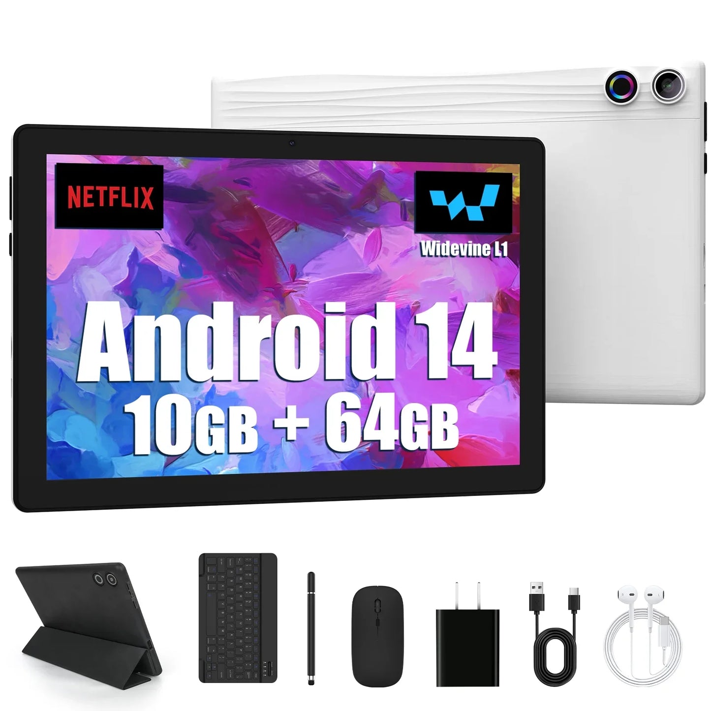 Android 14 10 inch Tablet, A523 Octa Core, 8GB RAM + 64GB ROM(TF 1TB), 5000mAh, Face Unlocked,Black+Keyboard & Mouse Set, Black