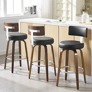 Swivel Bar Height Bar Stools Set of 3, Faux Leather Kitchen Stools Upholstered Barstools with Back, Walnut Wood Legs, Tall Bar S