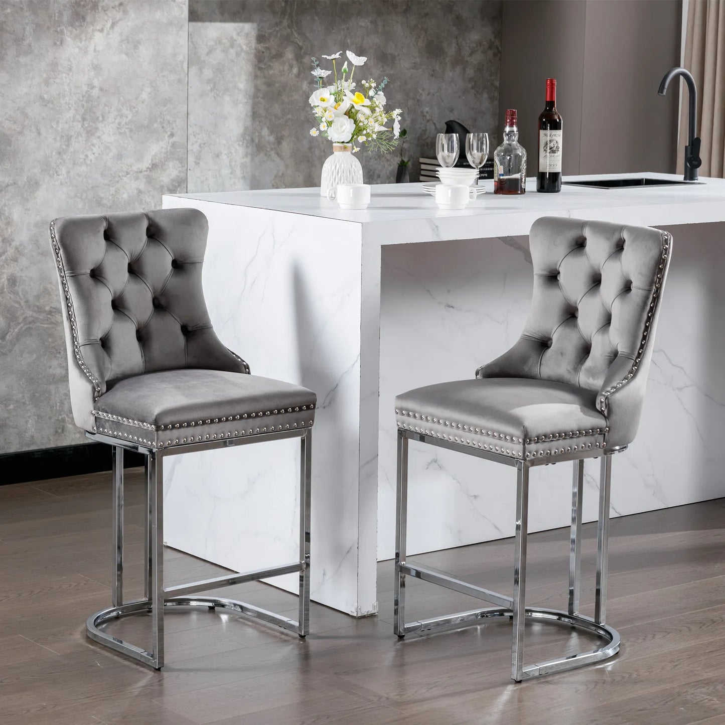 2Pcs 26" Counter Height Dining Chairs Upholstered Soft Backrest Cushions Chairs Bar Stools For Living Room Kitchen Dining Room