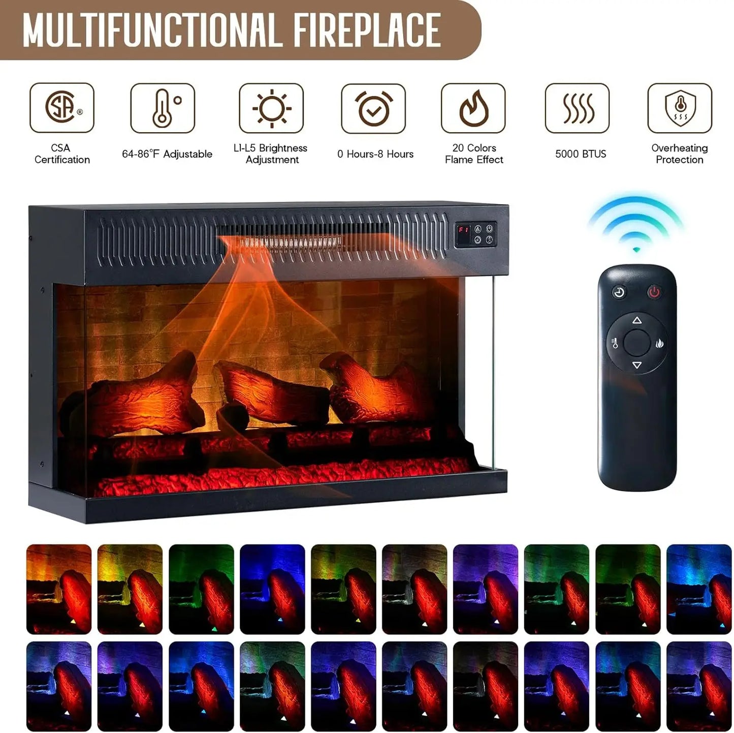 36 inch 3-Sided Glass Fireplace, 75 inch Large TV Console, Wood Entertainment Center for TVs up to 85 inch