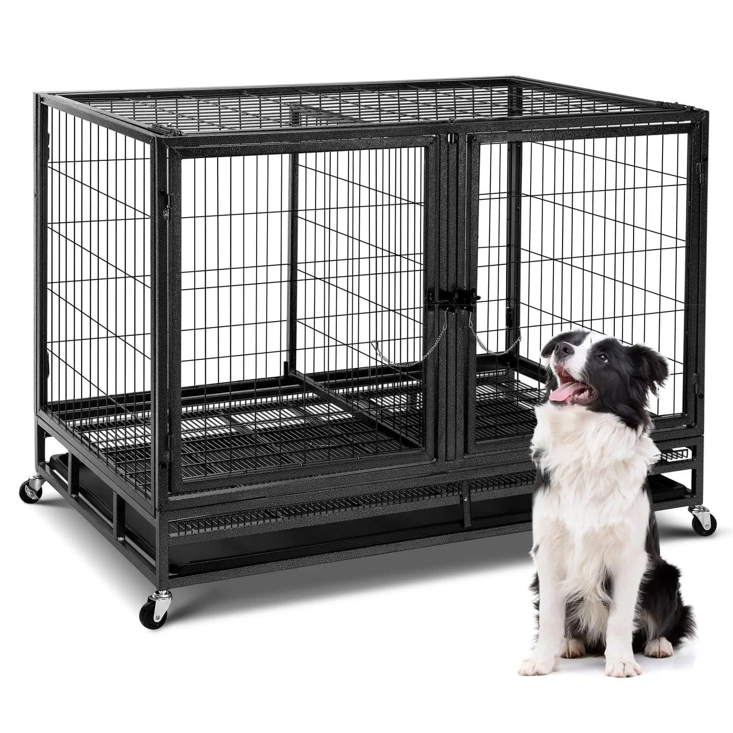 Dog Crate Double Door Cage,Kennel with Wheels Extra Large Crate Indoor for Large Dog with Removable Tray,Pet Playpen YardOutdoor