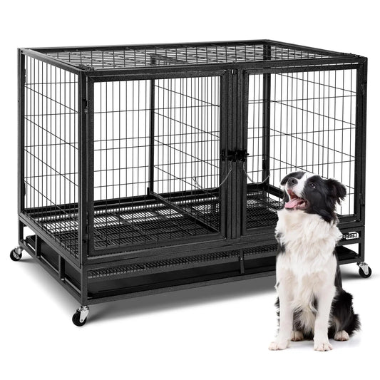Dog Crate Double Door Cage,Kennel with Wheels Extra Large Crate Indoor for Large Dog with Removable Tray,Pet Playpen YardOutdoor