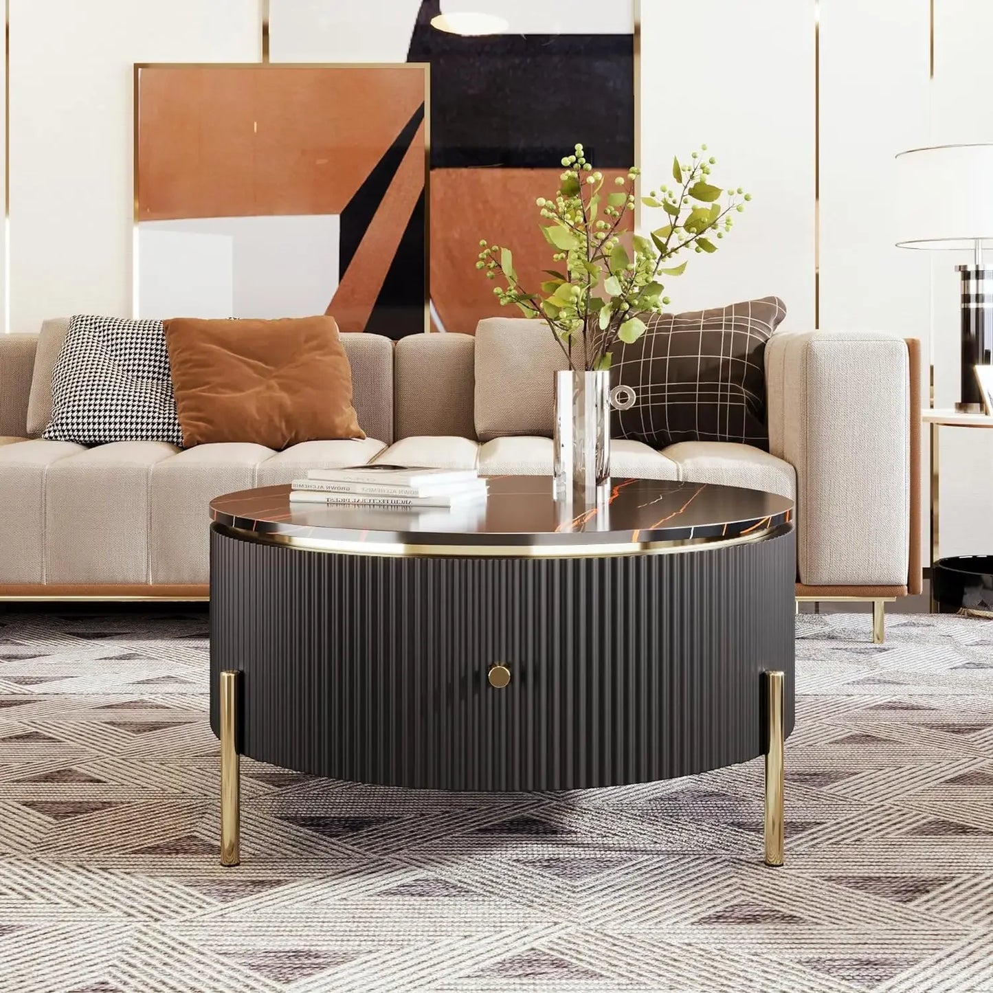 Modern Round Nesting Coffee Table with Drawers for Living Room