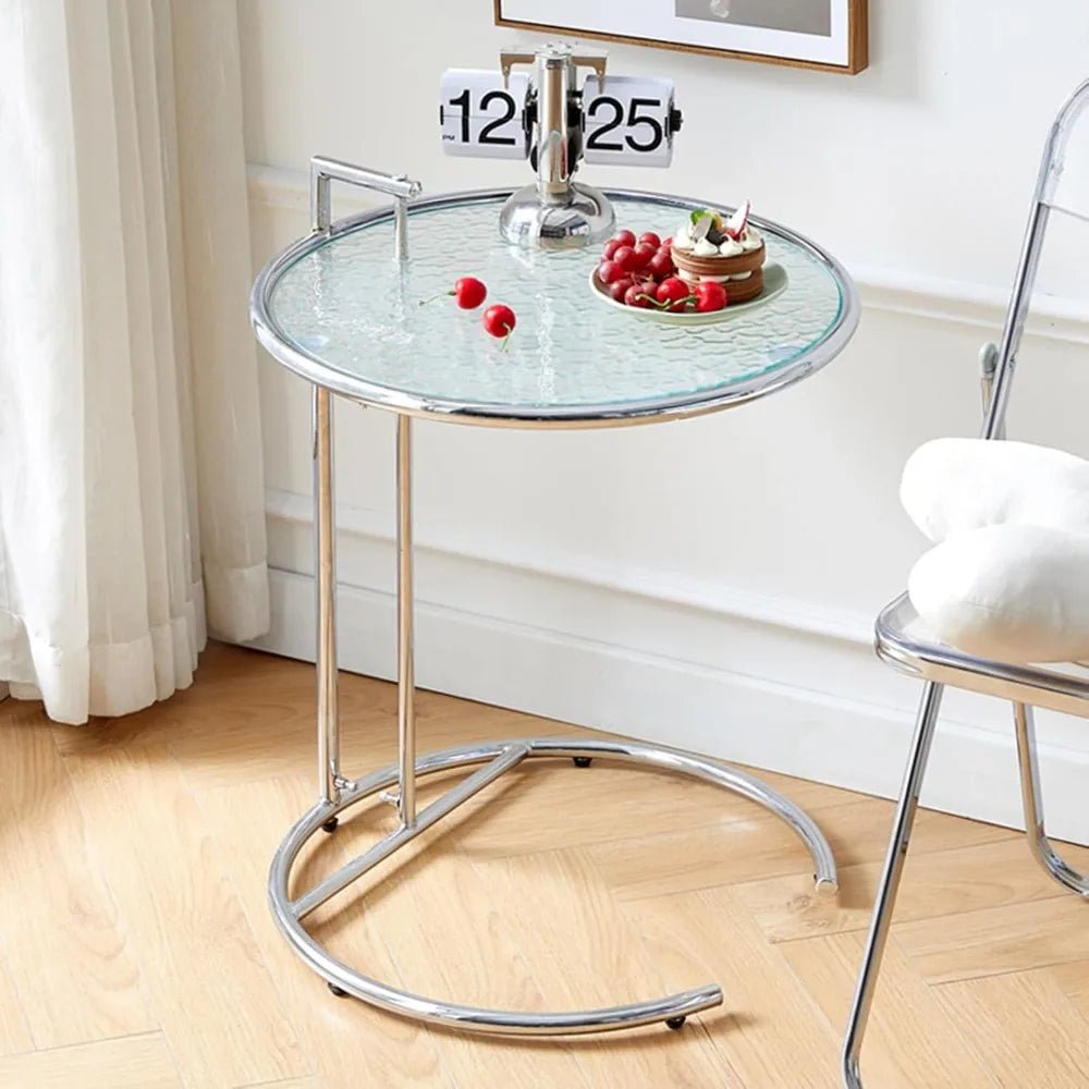 Glass End Table, Round Side Table with Handle, Height Adjustable C Shaped Sofa Table with Tempered Glass Top, Small Coffee Table