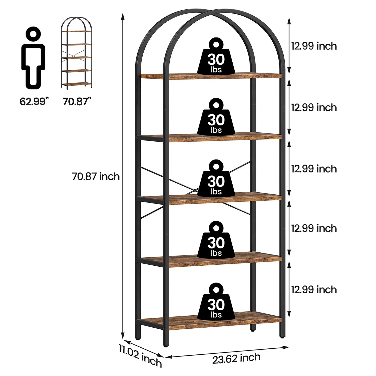 5-Tier Arched Bookshelf, 180cm Tall Industrial Open Bookcase, Freestanding Display Rack Metal Wooden Storage Shelving Units