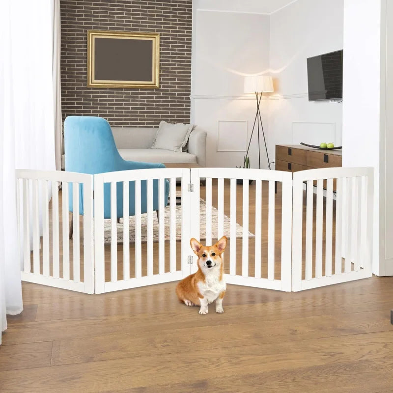 24-Inch White Wooden Pet Dog Gate - 4-Panel Foldable Freestanding Z-Shape Step-Over Fence for Entryway, Stairs & Doorway