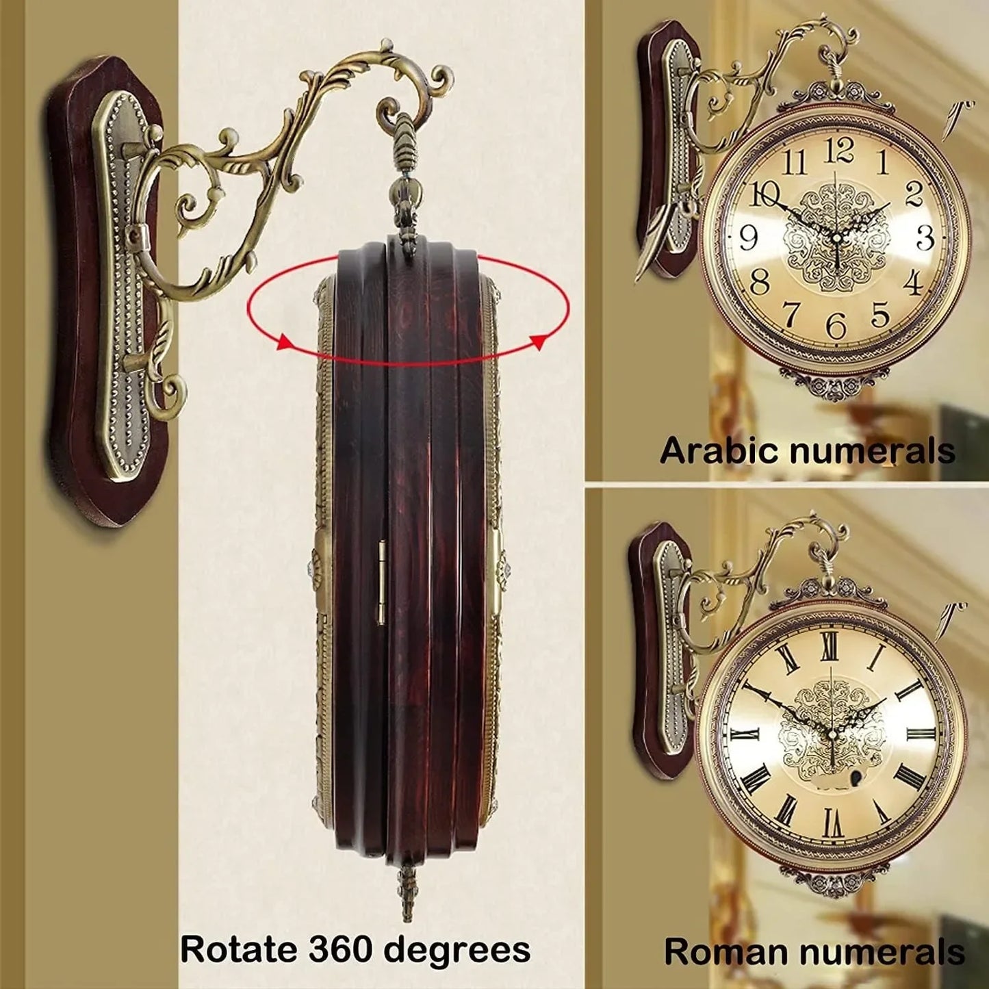 Large Wall Clock Double Sided, European Style Alloy Wall Clock Non Ticking Silent Clock for Indoor Outdoor Office Living Room