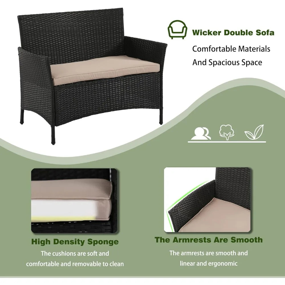 4-Piece Outdoor Patio Furniture Set: Rattan Wicker Sofa with Cushions and Glass Table for Garden Conversation Area