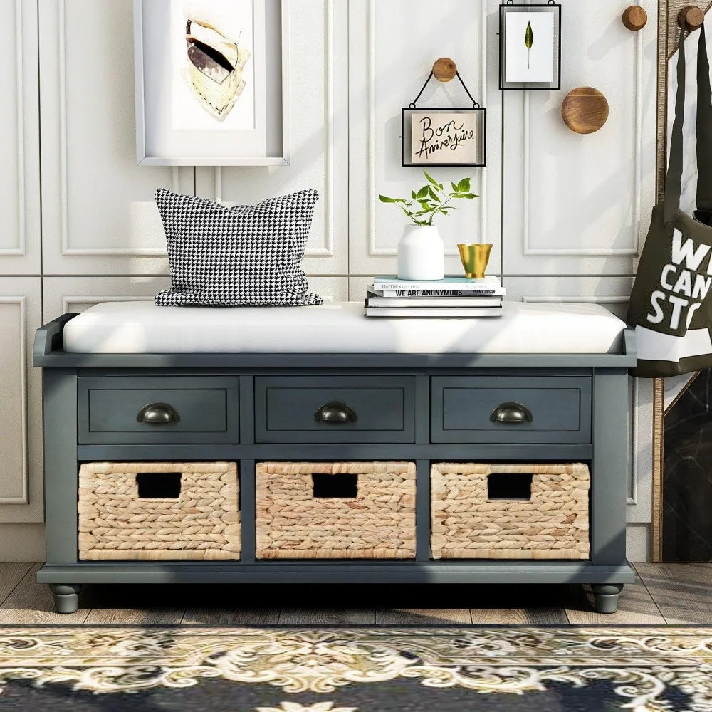 Rustic Storage Bench with 3 Drawers and 3 Rattan Baskets Rectangular Storage Ottoman Cabinet Foot Rest Stool Upholstered Solid