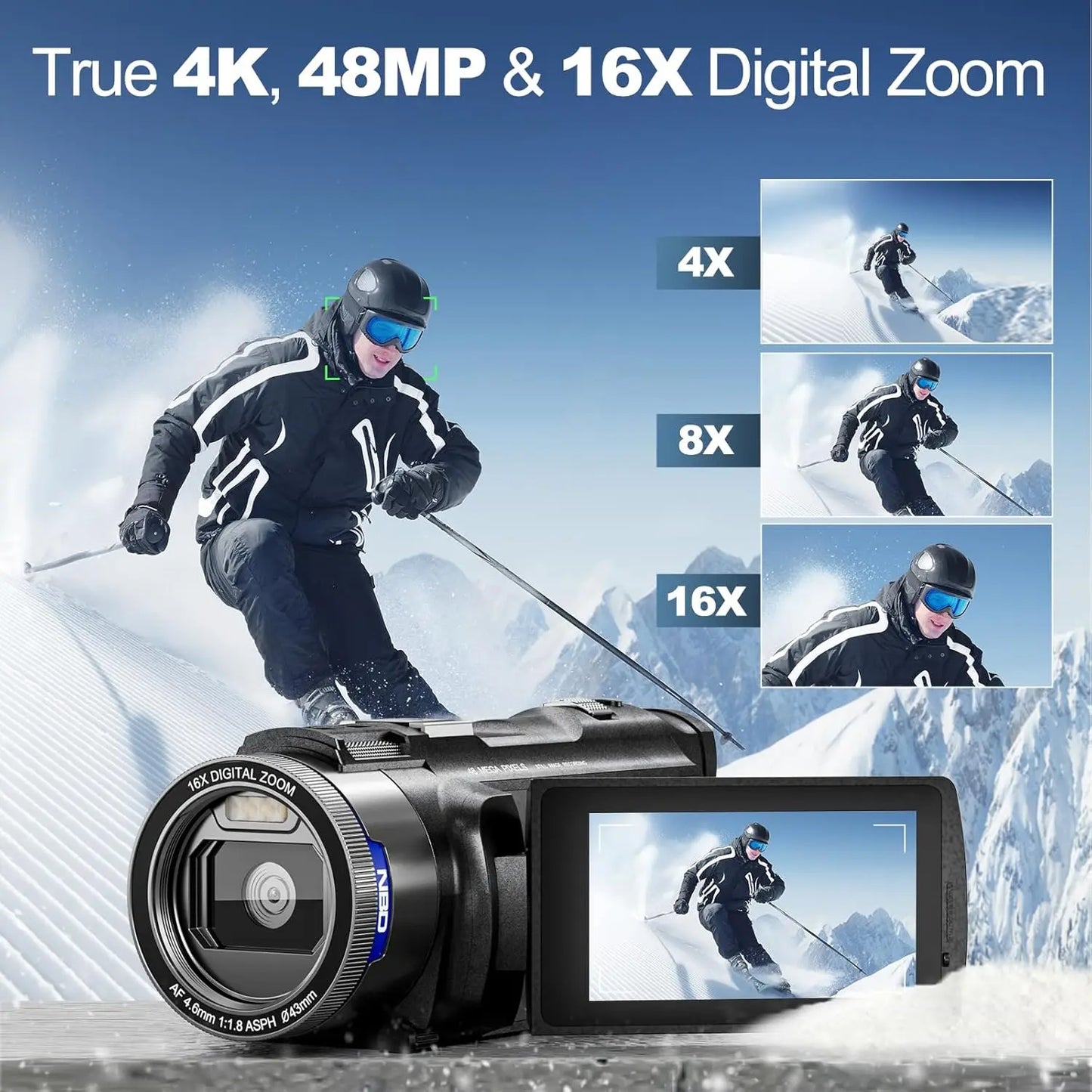 NBD 4K HD&48MP Camcorder Video Camera With Wi-Fi & App Control,Video Recorder with 3X Battery Life, 16X Zoom, 270° IPS Screen