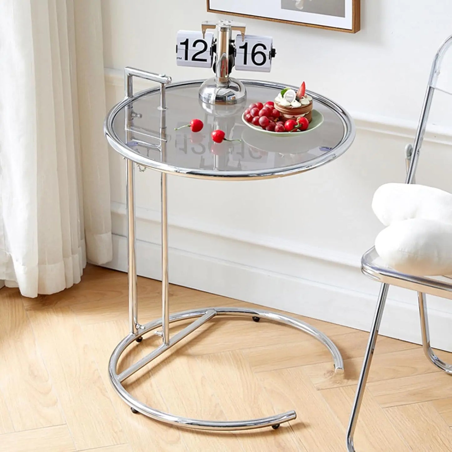 Glass End Table, Round Side Table with Handle, Height Adjustable C Shaped Sofa Table with Tempered Glass Top, Small Coffee Table