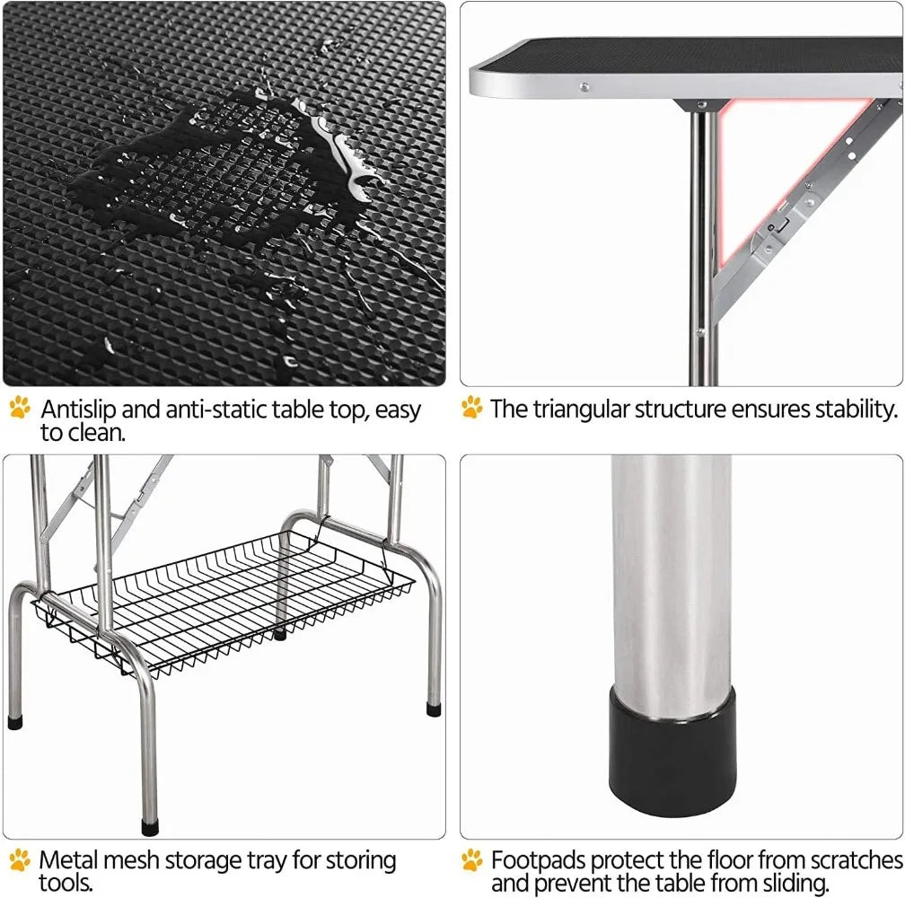 46" Dog Grooming Table Foldable Pet Grooming Tables with Adjustable Arm Noose Storage Mesh Tray Maximum Capacity Up to 330lbs