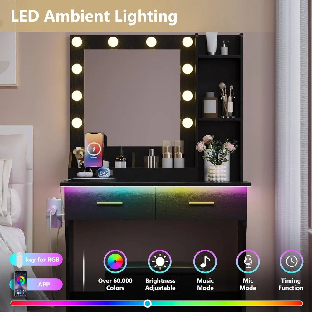 Vanity Mirror with Lights Desk and Chair,Makeup Table with Charging Station,Small Dressing Table with 2 Large Drawers,RGB Ambien