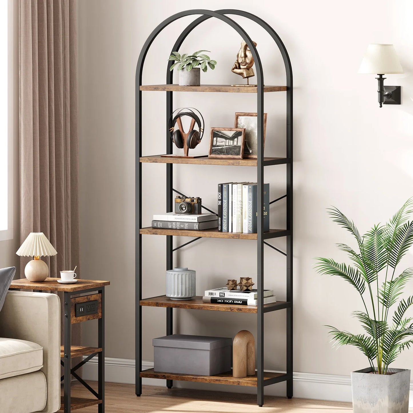 5-Tier Arched Bookshelf, 180cm Tall Industrial Open Bookcase, Freestanding Display Rack Metal Wooden Storage Shelving Units