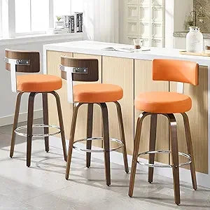 Swivel Bar Height Bar Stools Set of 3, Faux Leather Kitchen Stools Upholstered Barstools with Back, Walnut Wood Legs, Tall Bar S