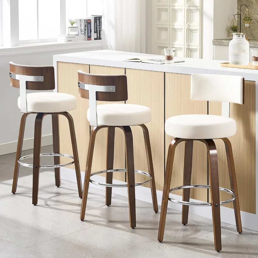 Swivel Bar Height Bar Stools Set of 3, Faux Leather Kitchen Stools Upholstered Barstools with Back, Walnut Wood Legs, Tall Bar S