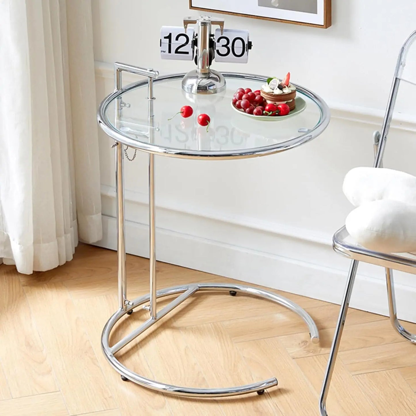 Glass End Table, Round Side Table with Handle, Height Adjustable C Shaped Sofa Table with Tempered Glass Top, Small Coffee Table