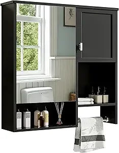 Wall Mount Bathroom Cabinet with Mirror, Open Shelf, and Towel Bar, 29.5 W x 28.7 H Over The Toilet Mirrored Bathroom Wall