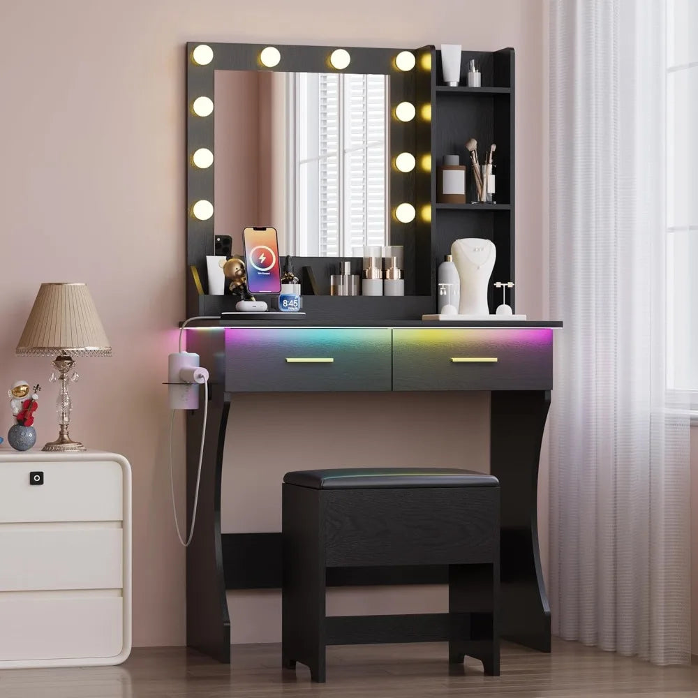 Vanity Mirror with Lights Desk and Chair,Makeup Table with Charging Station,Small Dressing Table with 2 Large Drawers,RGB Ambien