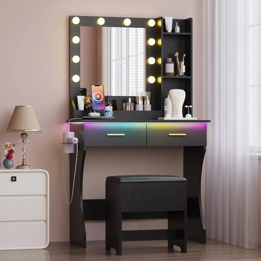 Vanity Mirror with Lights Desk and Chair,Makeup Table with Charging Station,Small Dressing Table with 2 Large Drawers,RGB Ambien