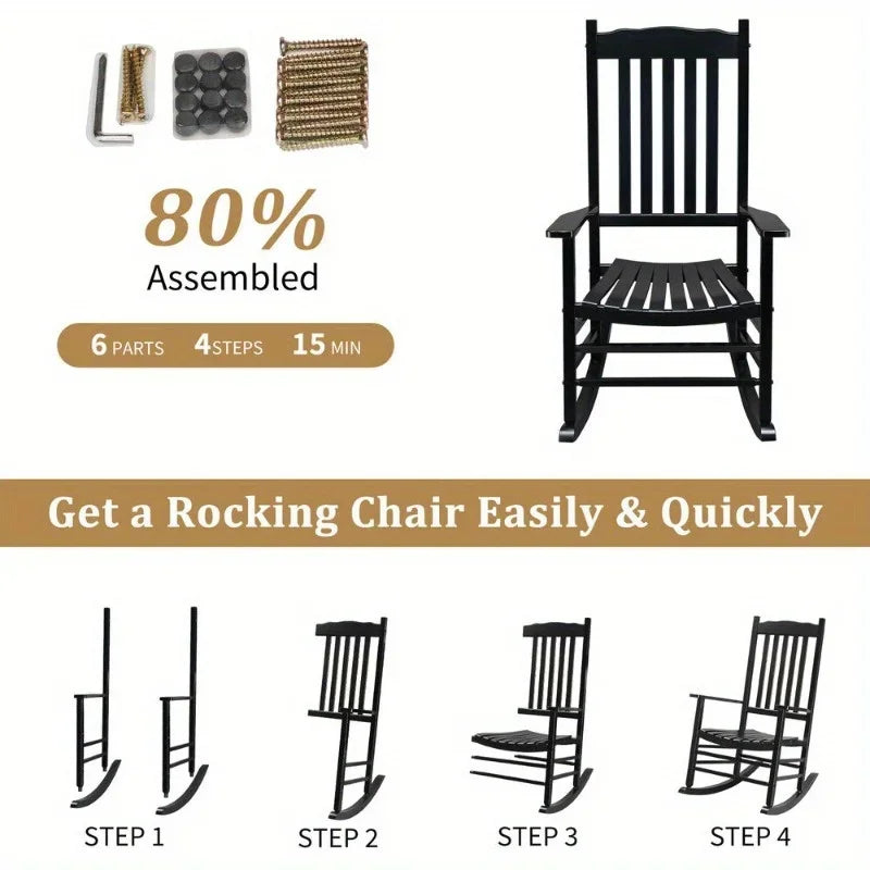 Wood Rocking Chair Porch Rocker High Back Garden Seat for Outdoor Indoor, Black