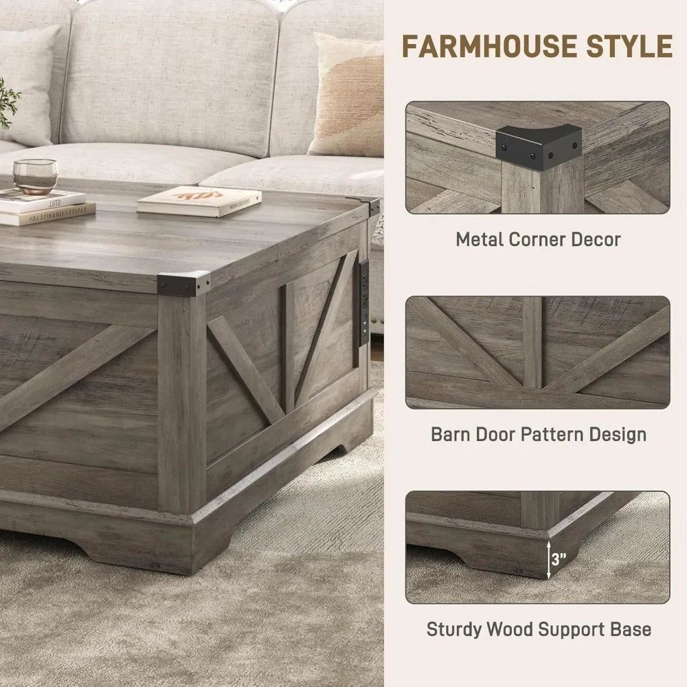 40” Large Farmhouse Lift Top Coffee Table with Power Outlets and Large Hidden Storage, Square Wood Living Room Tables, Multi-Fun