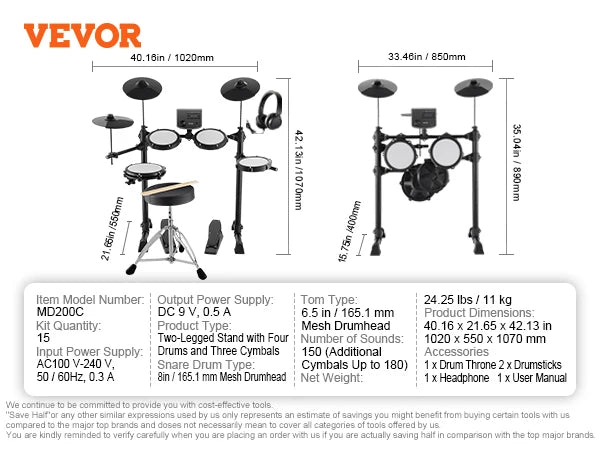 SucceBuy Electric Drum Set 15 Drum Kits& 150 Sounds Electronic Drum Kit 6.5-8in Quiet Mesh Snare Electric Drum Set for Beginners