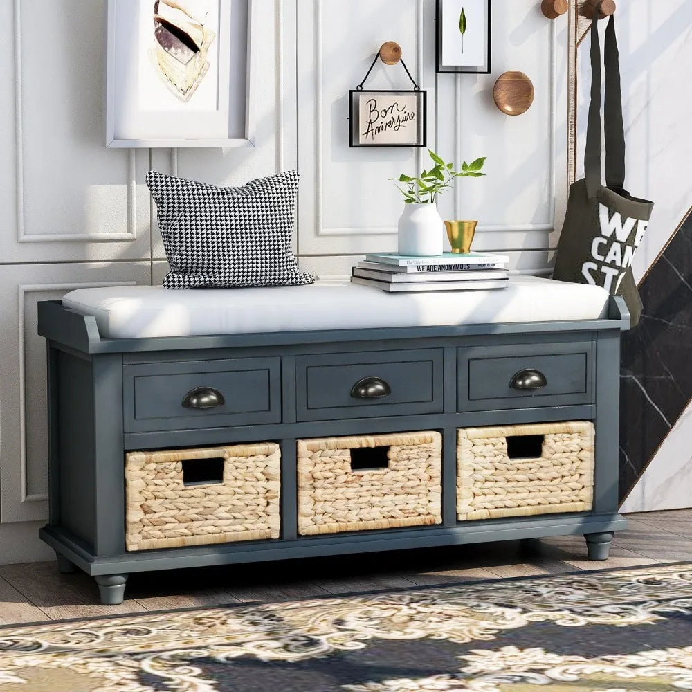 Rustic Storage Bench with 3 Drawers and 3 Rattan Baskets Rectangular Storage Ottoman Cabinet Foot Rest Stool Upholstered Solid