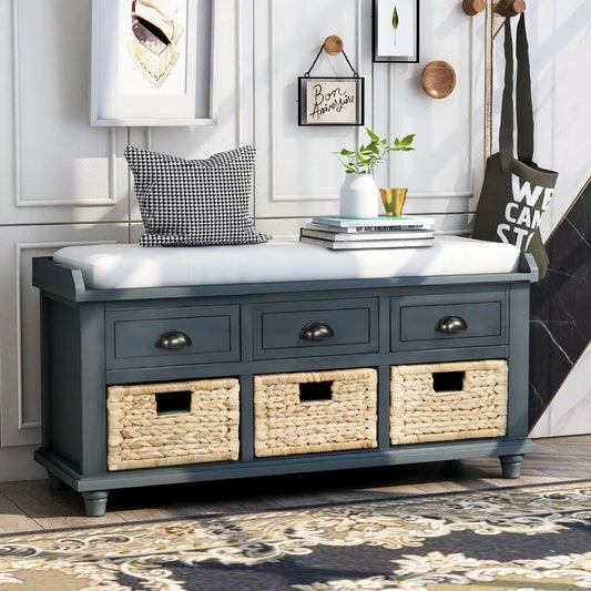 Rustic Storage Bench with 3 Drawers and 3 Rattan Baskets Rectangular Storage Ottoman Cabinet Foot Rest Stool Upholstered Solid