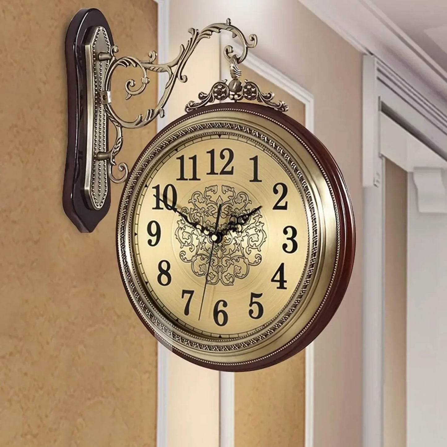 Large Wall Clock Double Sided, European Style Alloy Wall Clock Non Ticking Silent Clock for Indoor Outdoor Office Living Room