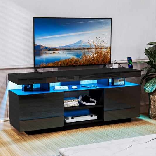 Modern LED TV Stand for 65/60/55 inch TV with Power Outlets, Gaming TV Consoles with Storage Entertainment Center with LED Light