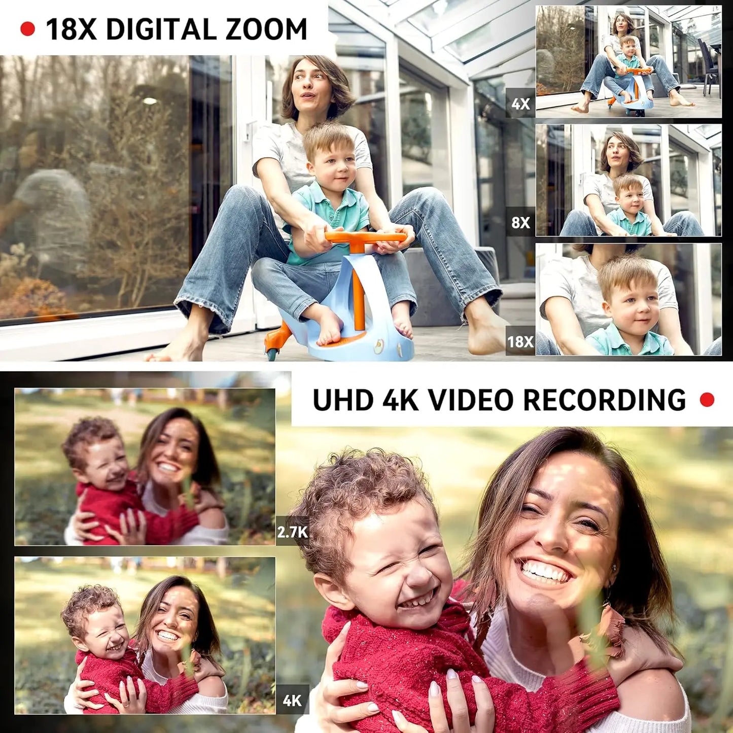 UHD 4k Video Camera Camcorder with 18X Digital Zoom,64MP Digital Camera Recorder,4.0-inch Rotating Touchscreen,64GB SD Card,Micr