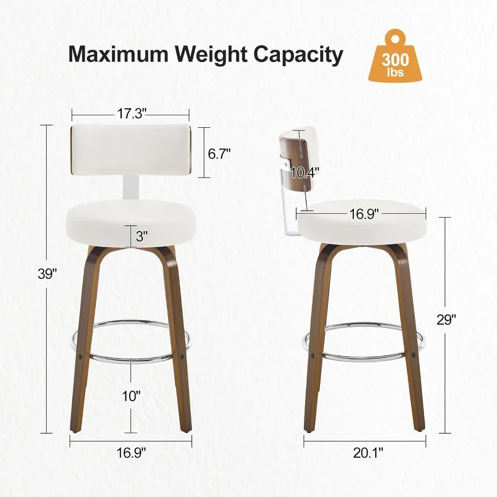 Swivel Bar Height Bar Stools Set of 3, Faux Leather Kitchen Stools Upholstered Barstools with Back, Walnut Wood Legs, Tall Bar S