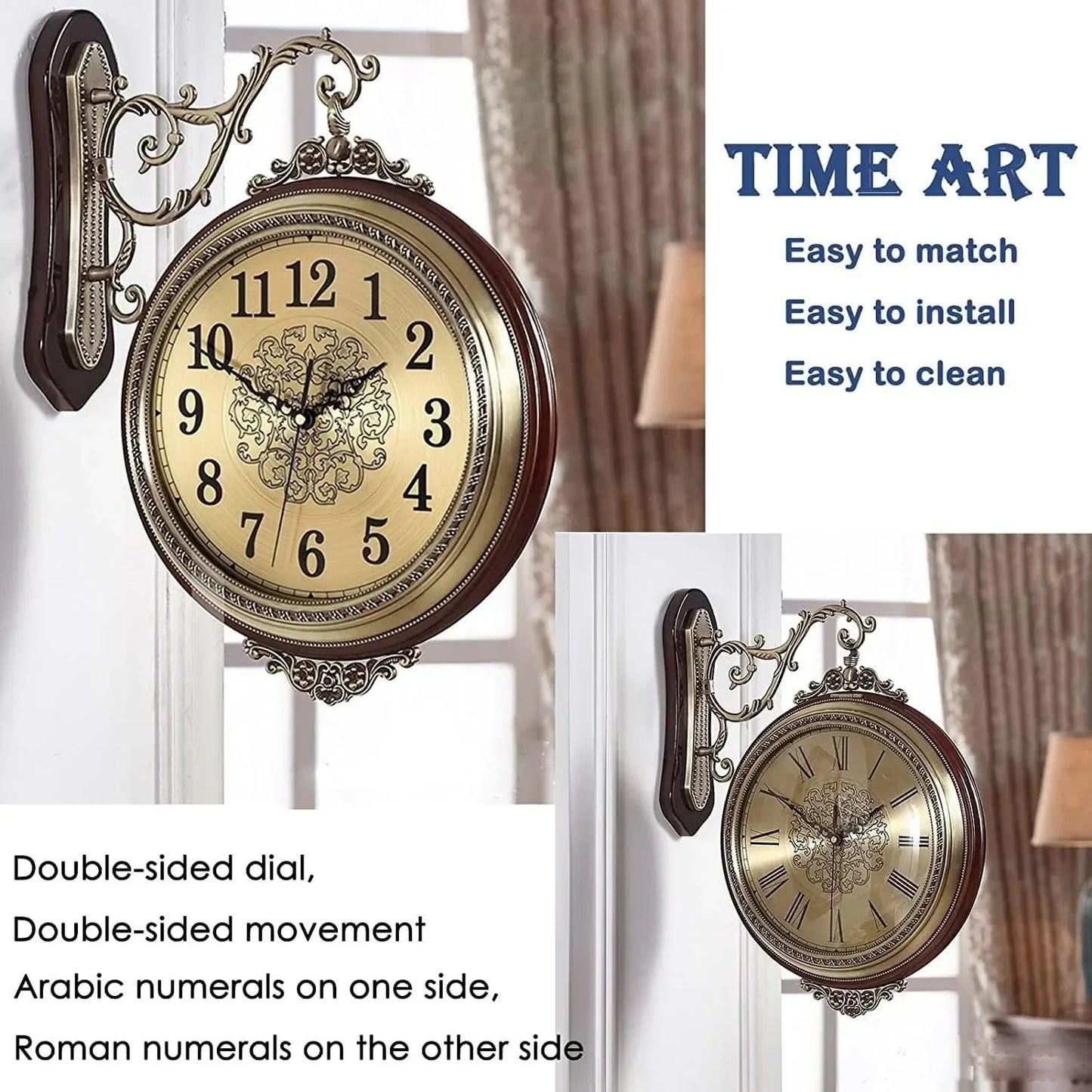 Large Wall Clock Double Sided, European Style Alloy Wall Clock Non Ticking Silent Clock for Indoor Outdoor Office Living Room