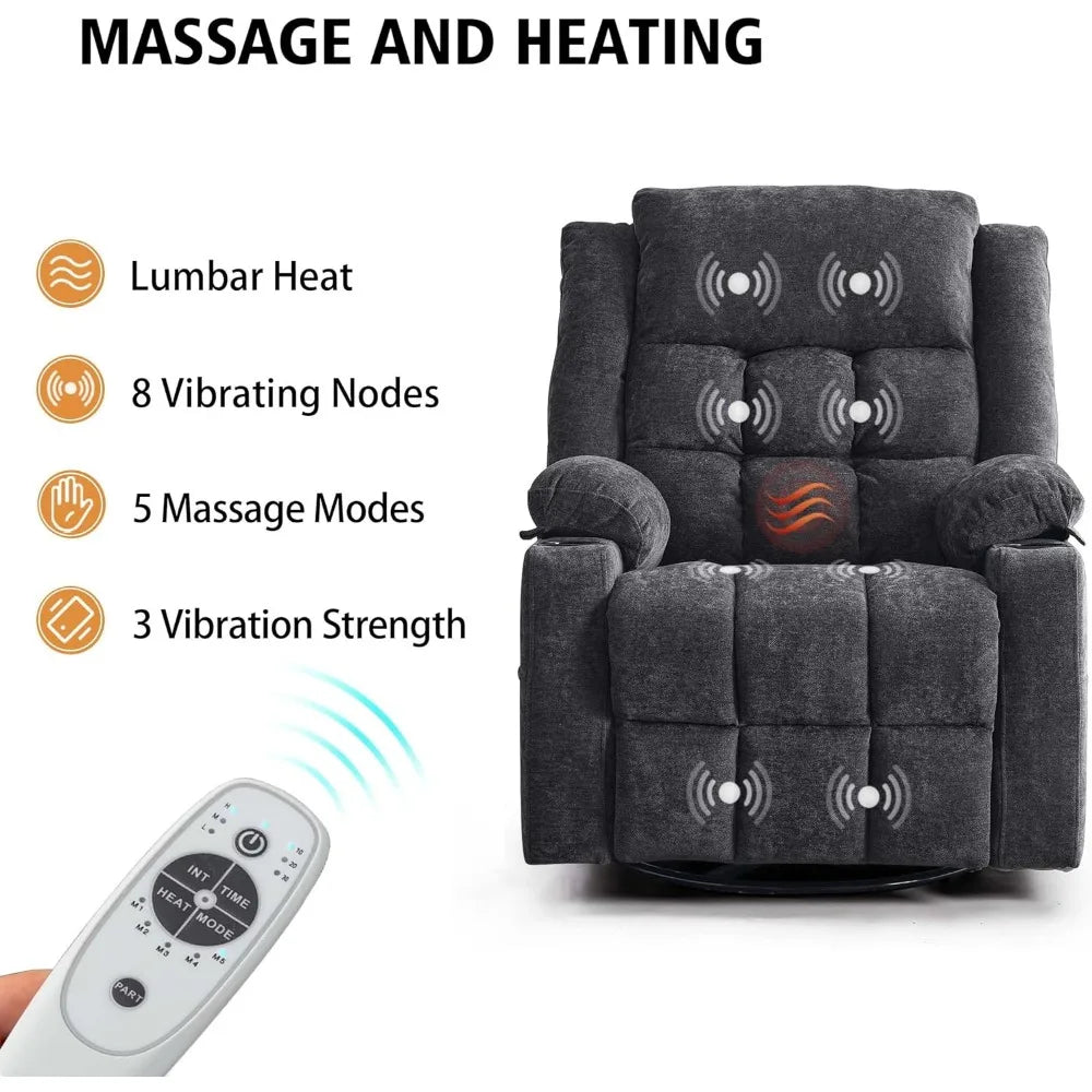 Power Swivel Rocker Recliner Chair for Adults with Massage and Heat, USB and Type-C Ports, Infinite Position, Electric Glider Re