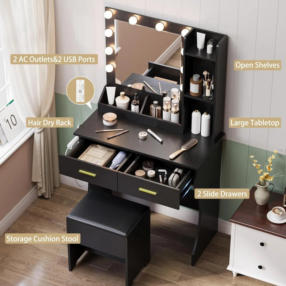 Vanity Mirror with Lights Desk and Chair,Makeup Table with Charging Station,Small Dressing Table with 2 Large Drawers,RGB Ambien