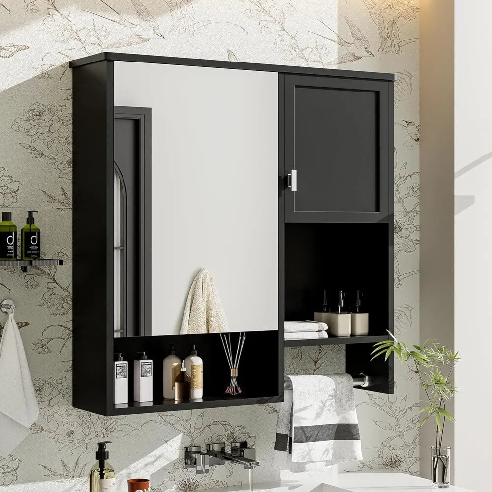 Wall Mount Bathroom Cabinet with Mirror, Open Shelf, and Towel Bar, 29.5 W x 28.7 H Over The Toilet Mirrored Bathroom Wall