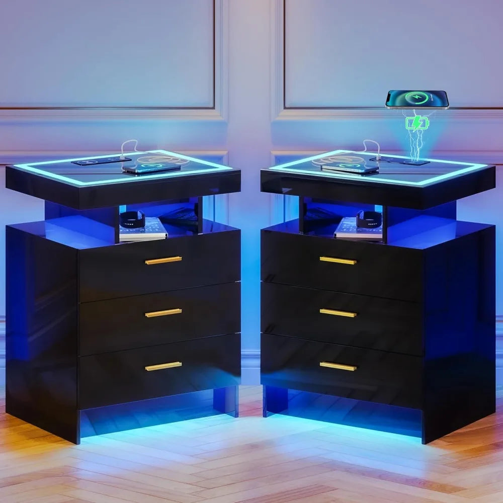 2 Set Nightstands with Wireless Charging Station, Auto Sensor 3 Color Dimmable LED Night Stand, Modern Bedside Table with 3 Dra