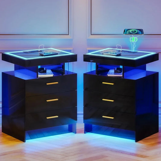 2 Set Nightstands with Wireless Charging Station, Auto Sensor 3 Color Dimmable LED Night Stand, Modern Bedside Table with 3 Dra