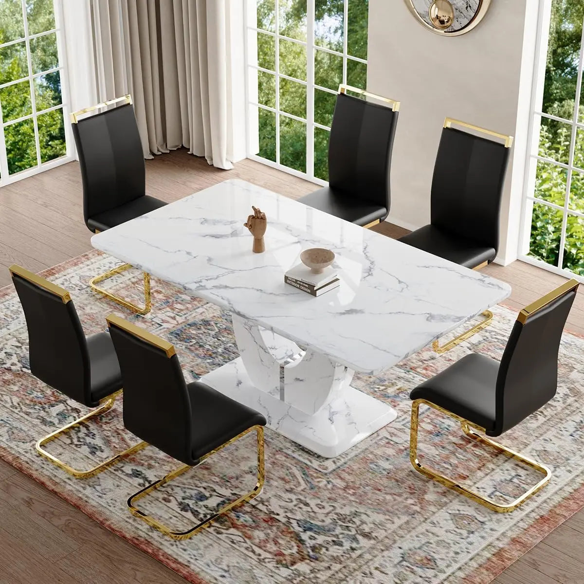 Dining Table Set 6,White Faux Marble Dining Room Table Set 6，63" Rectangle Kitchen Table Chairs Set of 6 Dining Kitchen Room