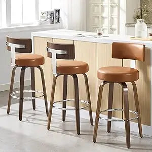 Swivel Bar Height Bar Stools Set of 3, Faux Leather Kitchen Stools Upholstered Barstools with Back, Walnut Wood Legs, Tall Bar S