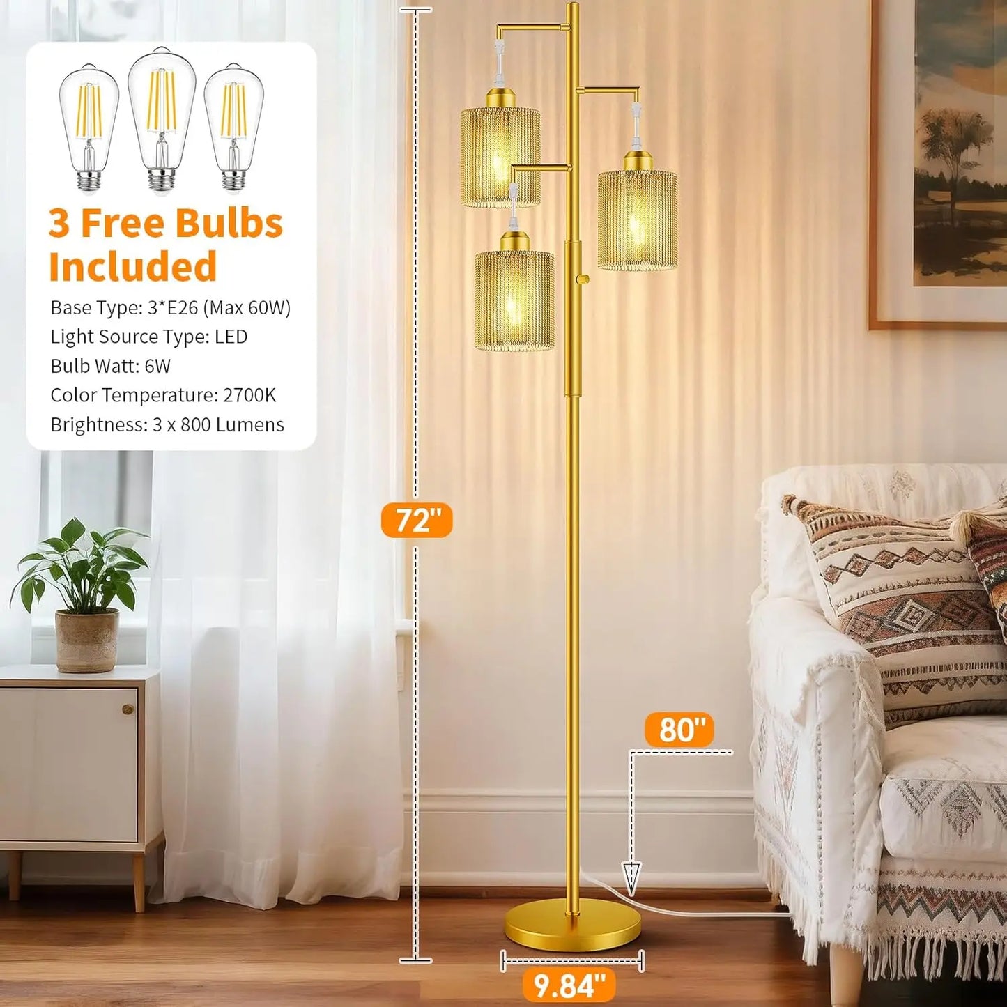 72' Boho Floor Lamp, Dimmable Rattan Shade, Gold Industrial Standing Lamp for Living Room, Bedroom, Office – 3x800LM LED Include
